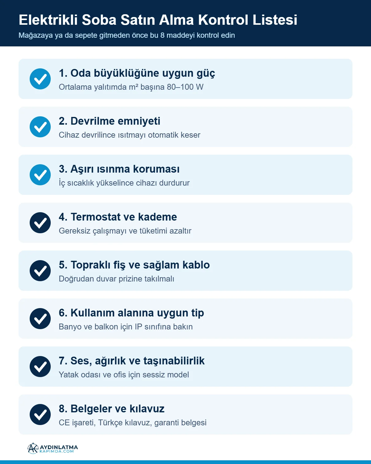 Elektrikli soba satın alma kontrol listesi Elektrikli soba satın alırken kontrol edilmesi gereken 8 maddelik liste infografiği