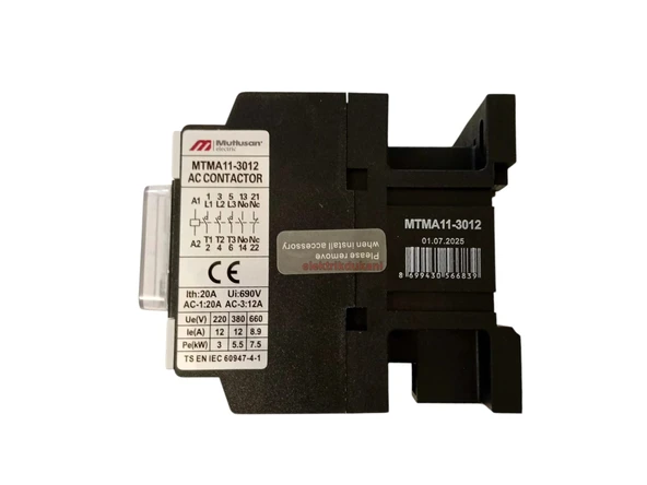 Mutlusan 3P 12A 5.5KW Kontaktör (1NO+1NC) 230 V AC MTMA11-3012