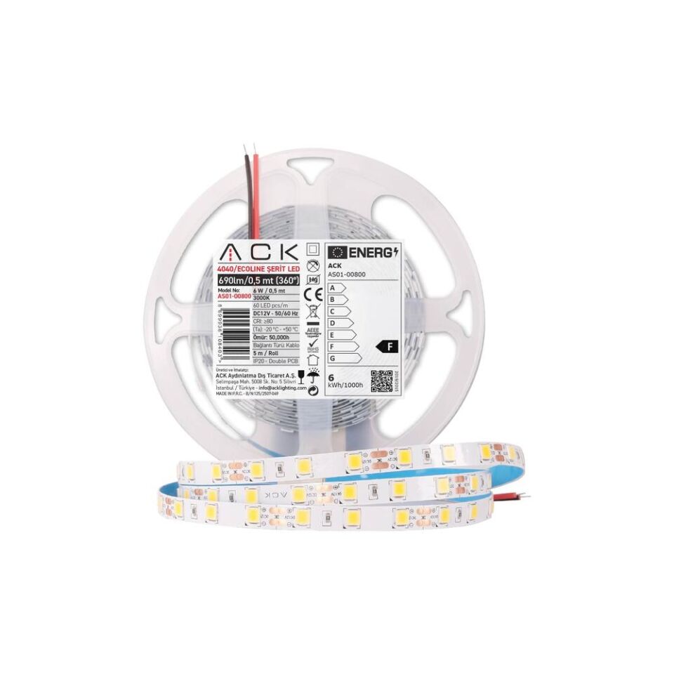 ACK AS01-00803 6500K Beyaz Işık 7W 4040 60 LED'li Şerit LED 5-Metre