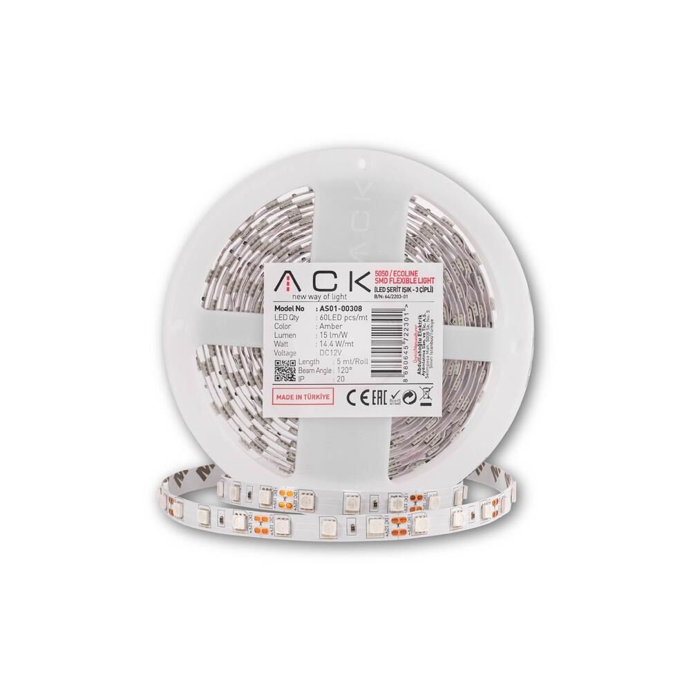 ACK AS01-00308 3 Çipli,60 LED'li Şerit LED Amber Işık 5-Metre