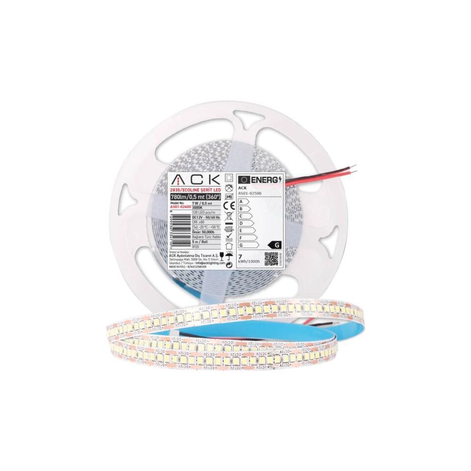 ACK AS01-02501 4000K Naturel Beyaz 10W 120 LED'li Şerit LED 5-Metre